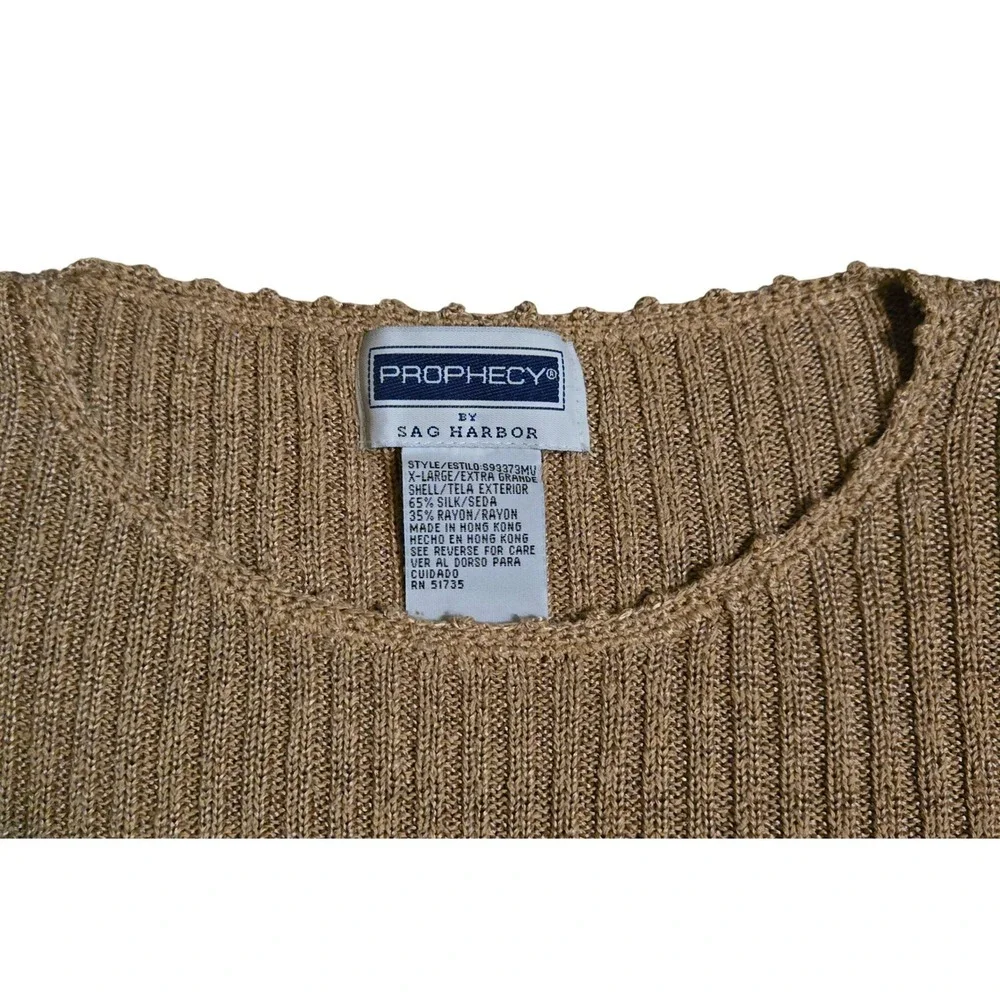 Y2K, Prophecy by Sag Harbor Tan Silk Blend Ribbed Short Sleeve Knit Sweater XL - Picture 2 of 7